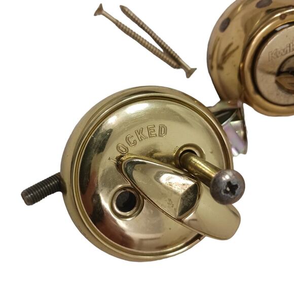 80s Brass French FRONT DOOR KNOB & DEADBOLT Fixtures w 2 Keys Gold Retro Handle - Picture 16 of 16